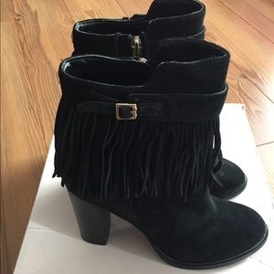 Ivanka Trump Black Leather Booties, Fringe, Size 7